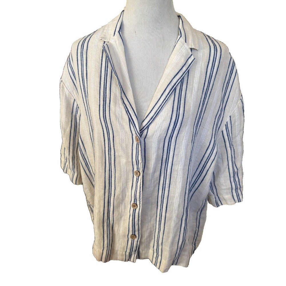 NWOT Faherty Short Sleeve 100% Linen Button Front Top Size Large